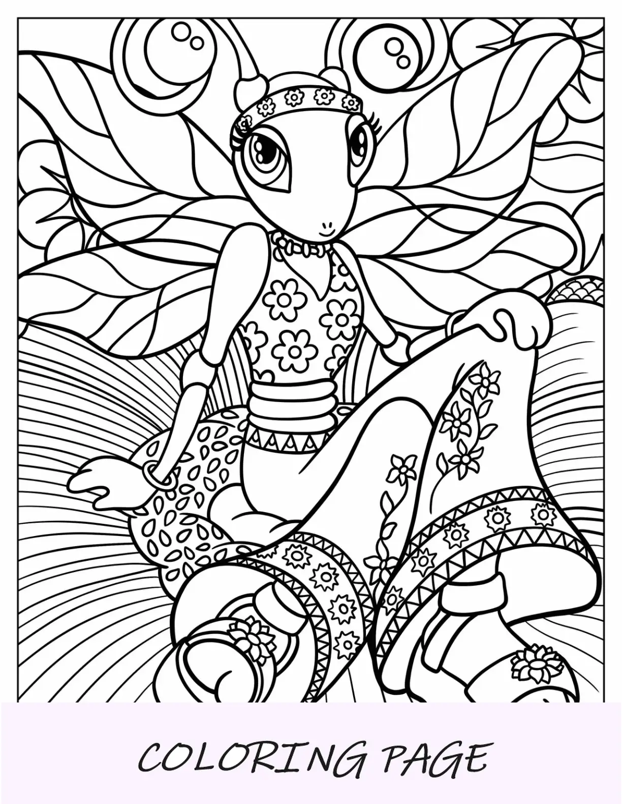 Página para colorear de Lisa Frank de Diva Dragonfly en traje retro