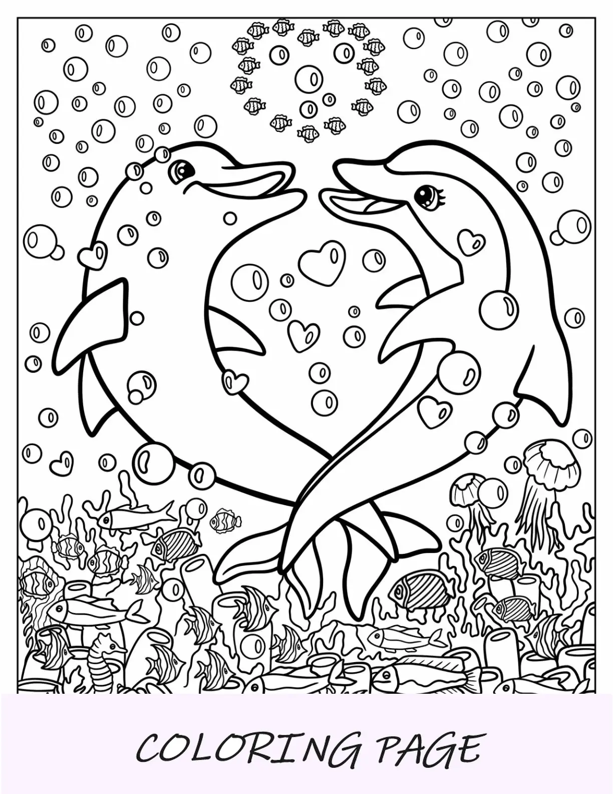 Página para colorear de Lisa Frank de delfines bailando