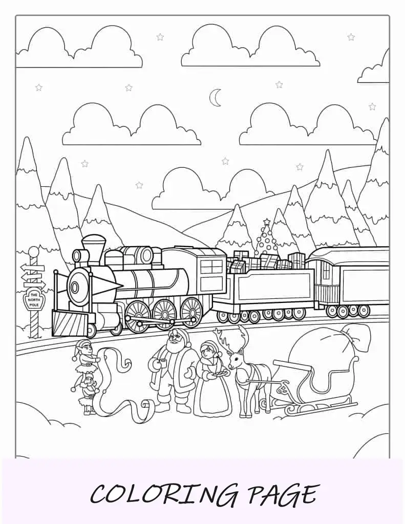 Tren temático navideño con Papá Noel para colorear