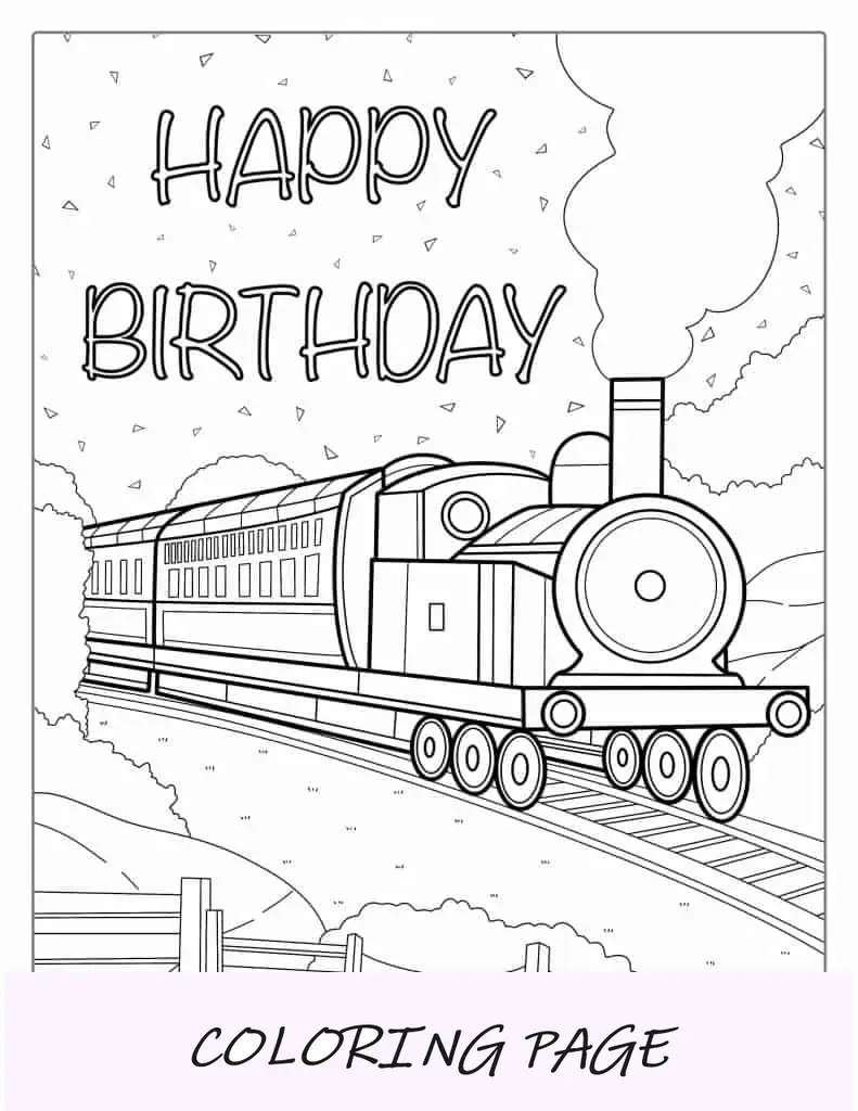 Imagen para colorear de tren de feliz cumpleaños para niños