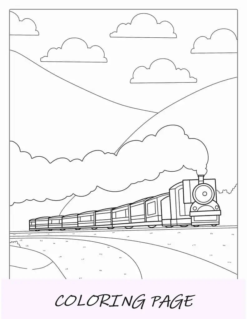 Página para colorear de un tren de vapor y un vagón cerca de las montañas