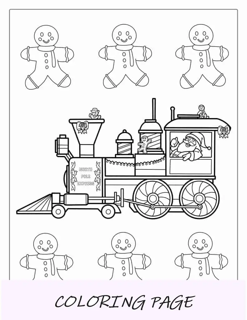Dibujo para colorear de un tren navideño con Papá Noel