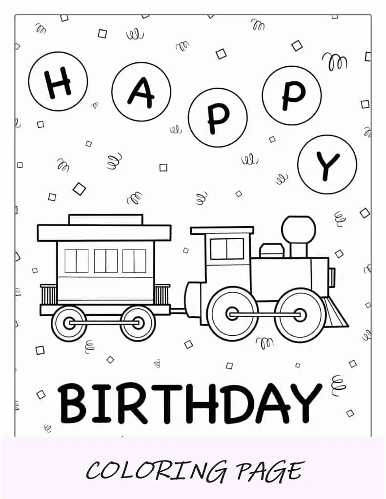 Página para colorear de un tren de feliz cumpleaños