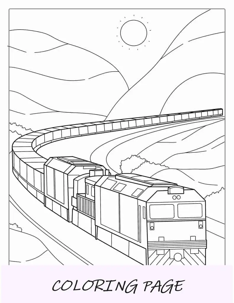 Página para colorear de tren de carga largo para niños