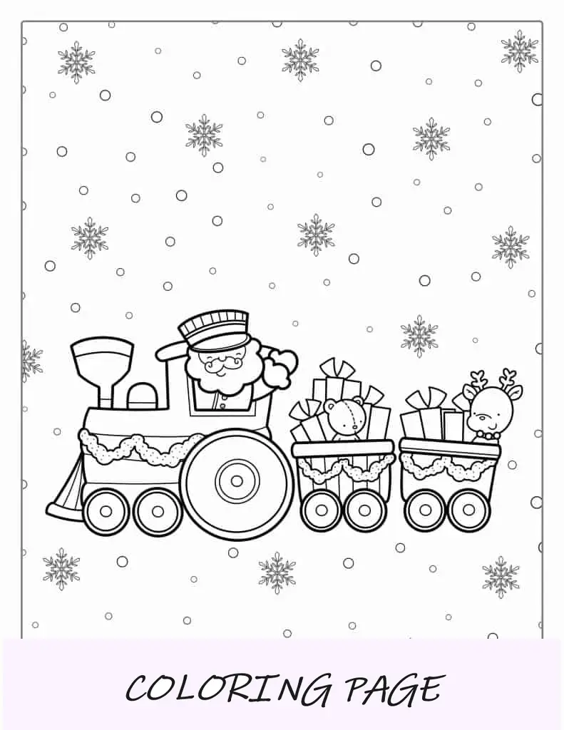 Papá Noel y renos en un tren para colorear