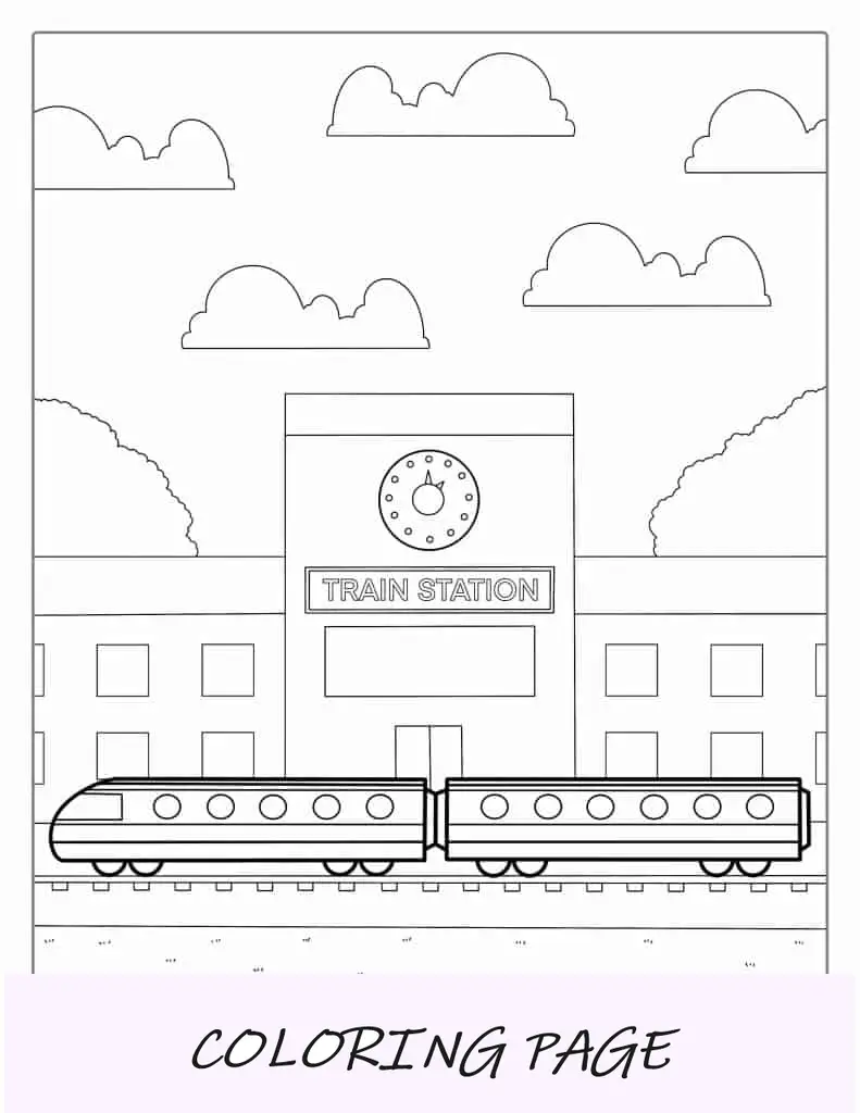 Hoja para colorear de la estación de tren para niños