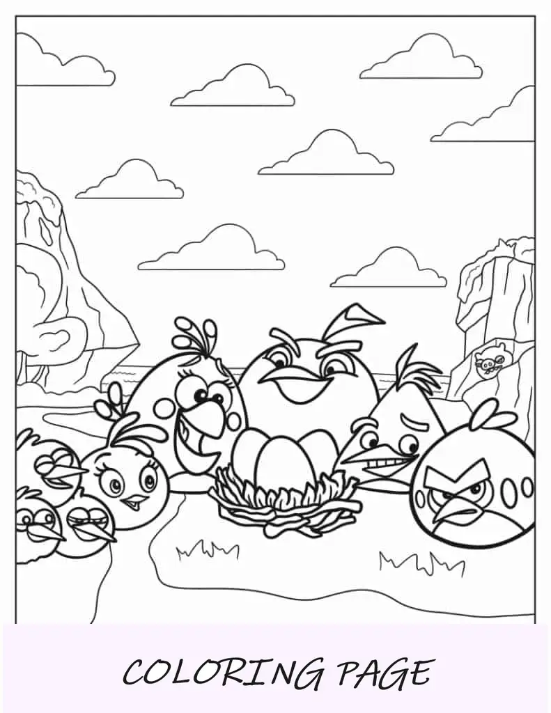 Página para colorear de Angry Birds alrededor de huevos en el nido