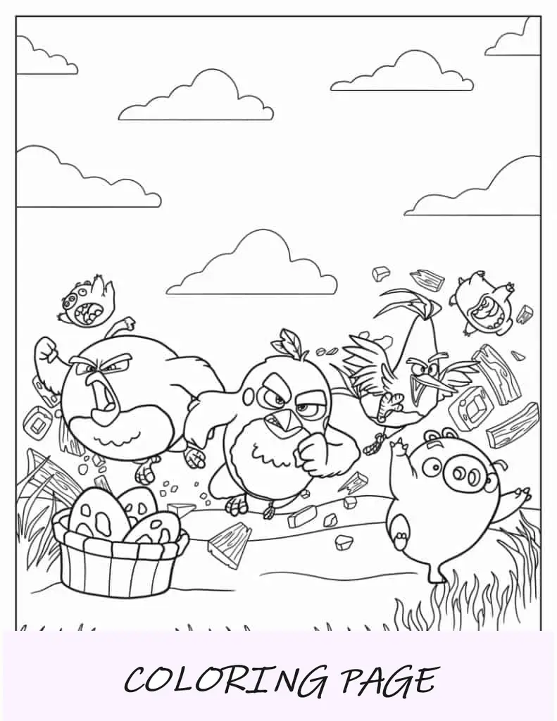 Página para colorear de Angry Birds atacando a los cerdos