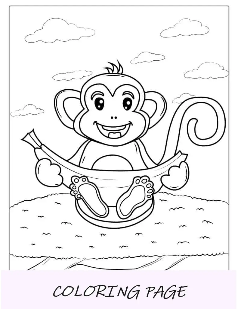 Macaco sorridente comendo banana para colorir