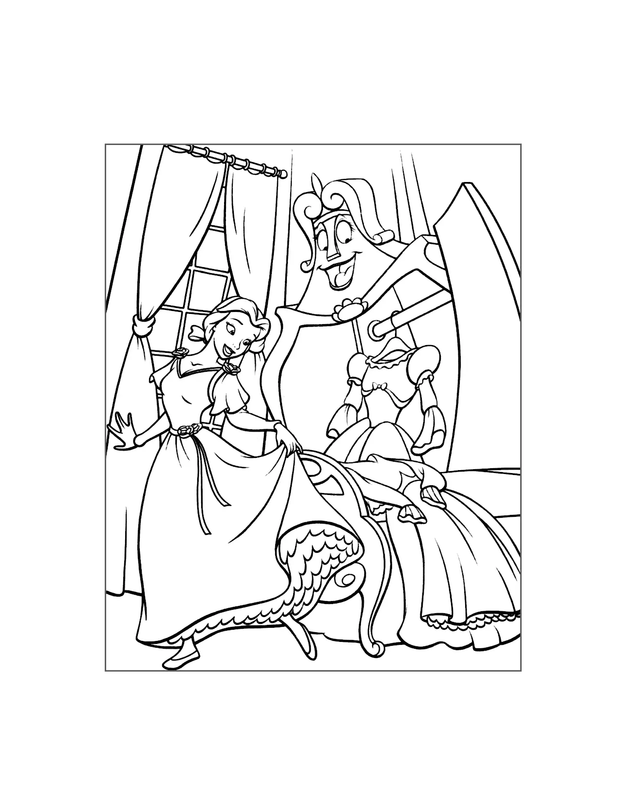 Madame De Garderobe Helps Belle Get Dressed Coloring Page