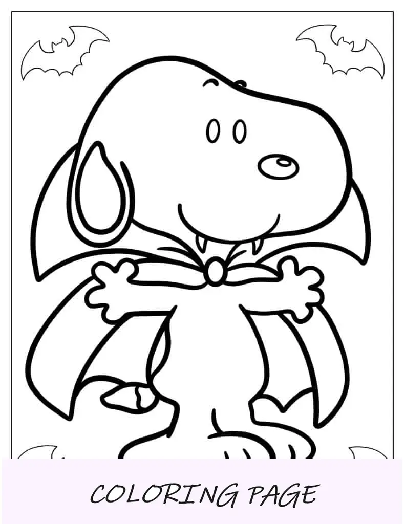 Snoopy com tema de vampiro de Halloween para colorir