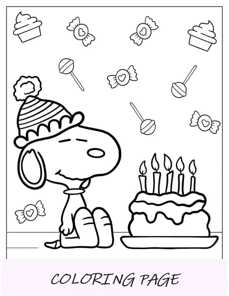 Snoopy com tema de feliz aniversário para colorir