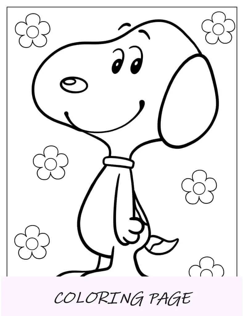 Imagem para colorir do Snoopy sorridente com flores