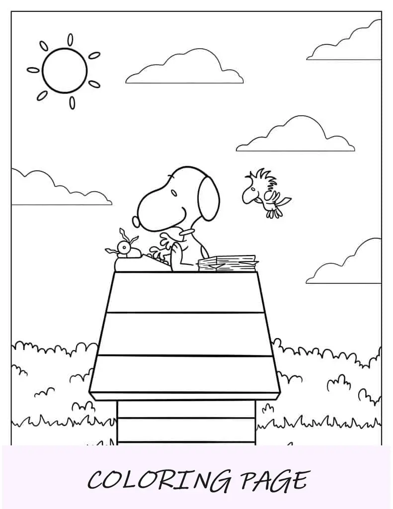 Snoopy escrevendo em máquina de escrever para colorir