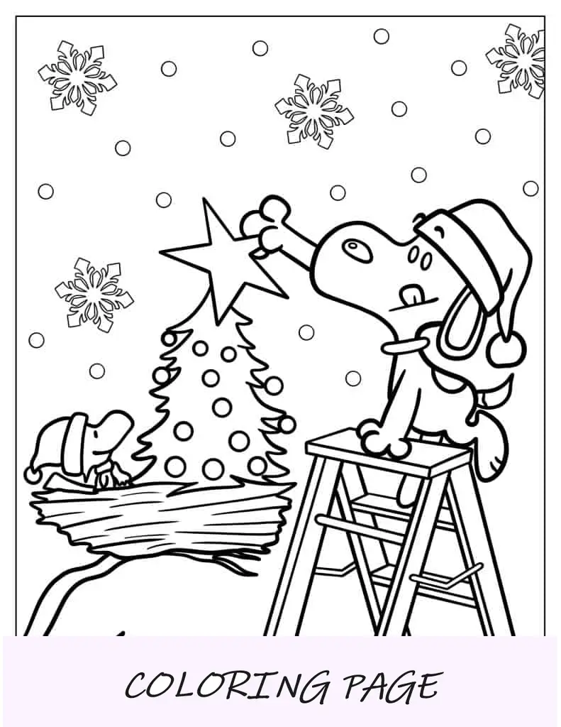 Snoopy e Woodstock decorando árvore de Natal para colorir