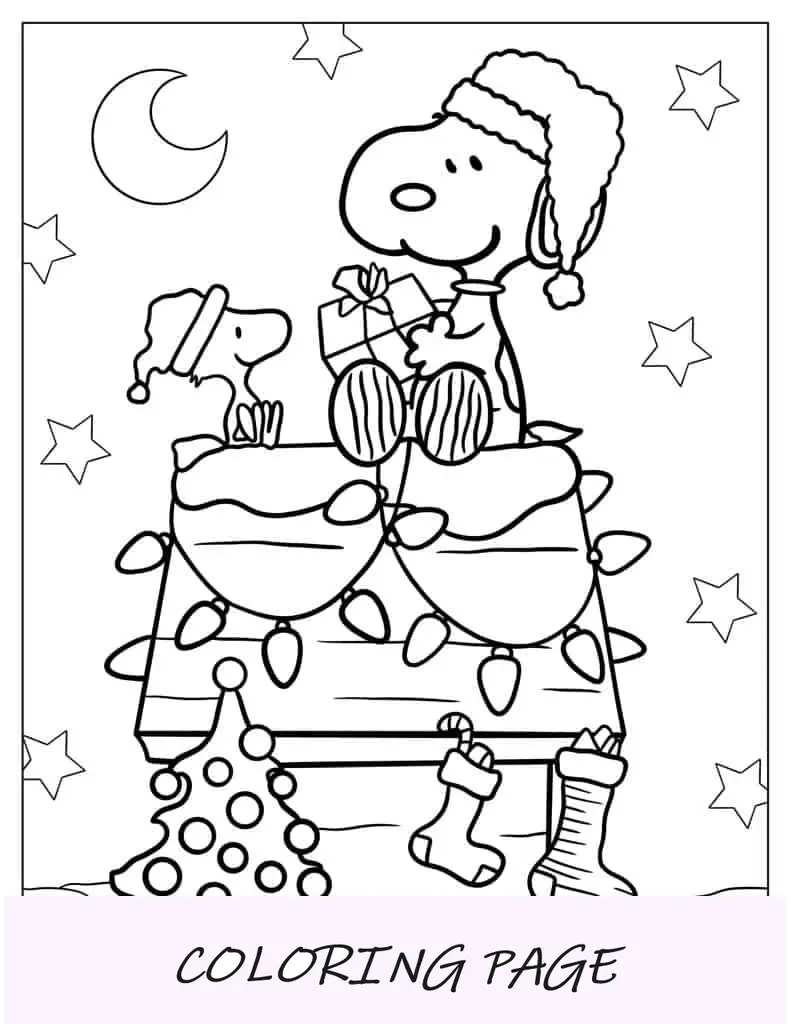 Snoopy e Woodstock desembrulhando presentes durante o Natal