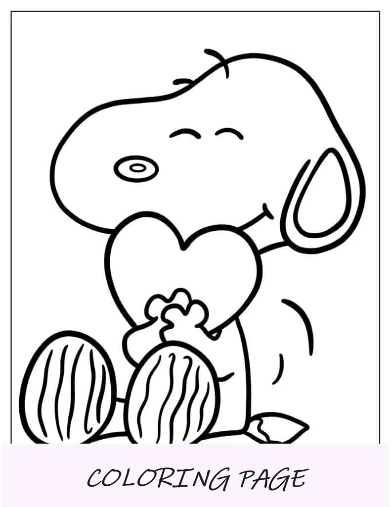 Snoopy segurando um coração de amor para colorir