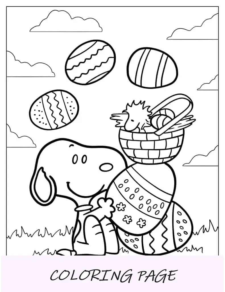 Snoopy com cesta de ovos de Páscoa para colorir