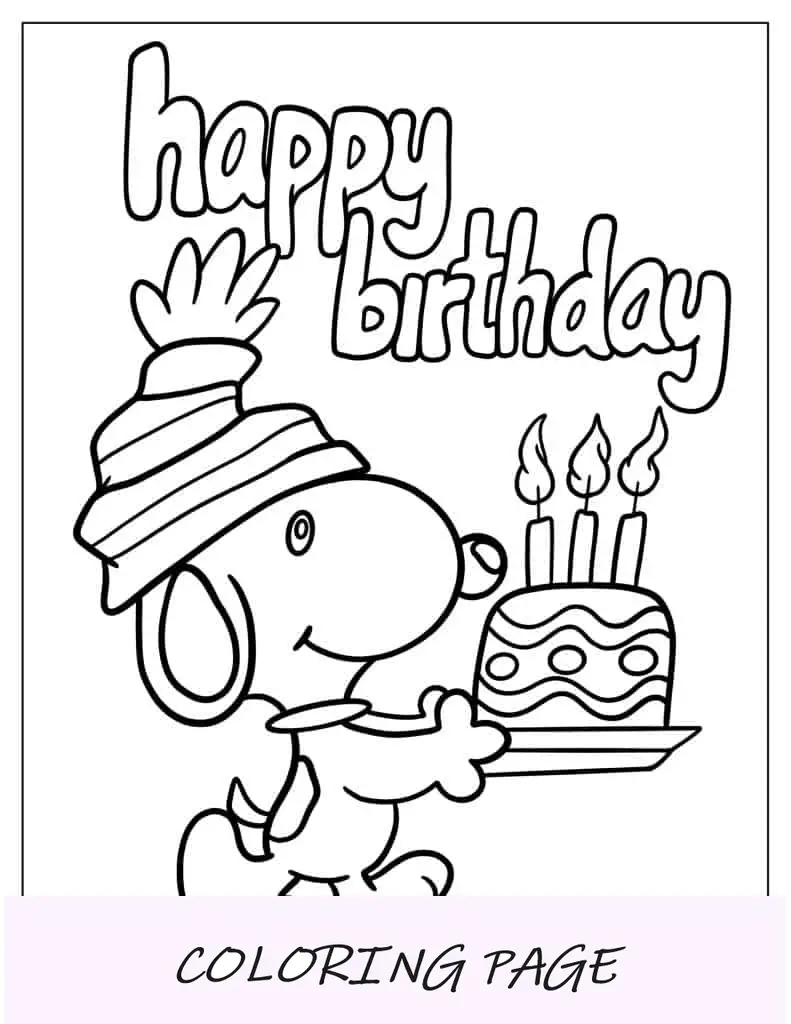 Snoopy com bolo de feliz aniversário para colorir
