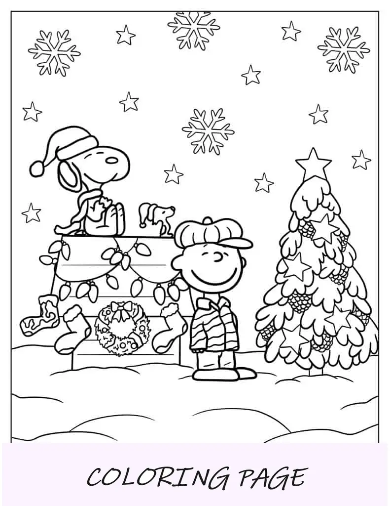 Charlie Brown e Snoopy com árvore de Natal para colorir