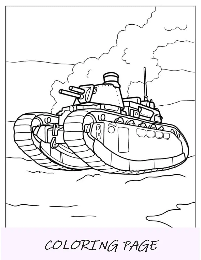 Folha para colorir de tanque militar antigo para crianças pequenas