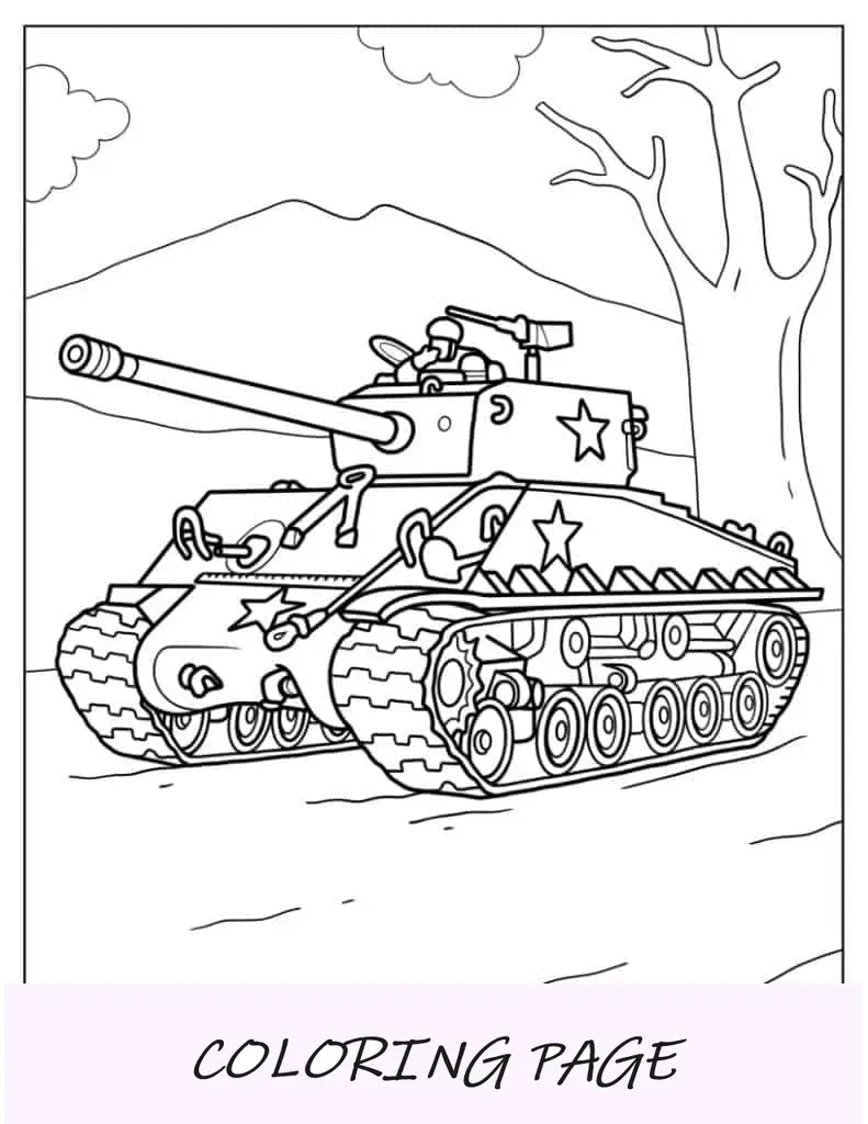 Tanque militar na estrada com artilheiro no topo