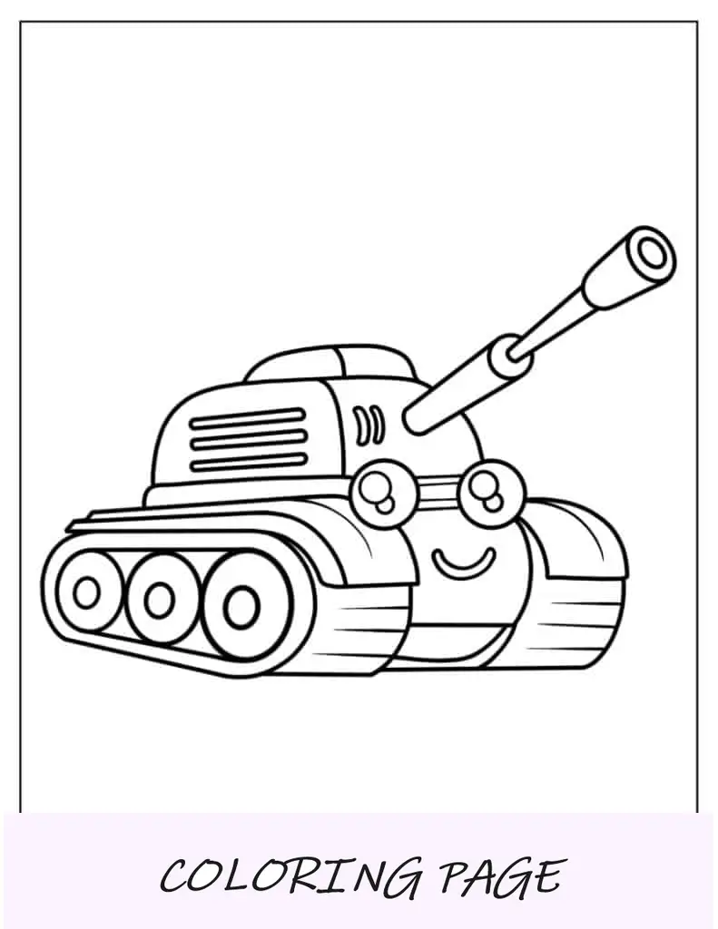 Folha para colorir de tanque militar de desenho animado com rosto sorridente