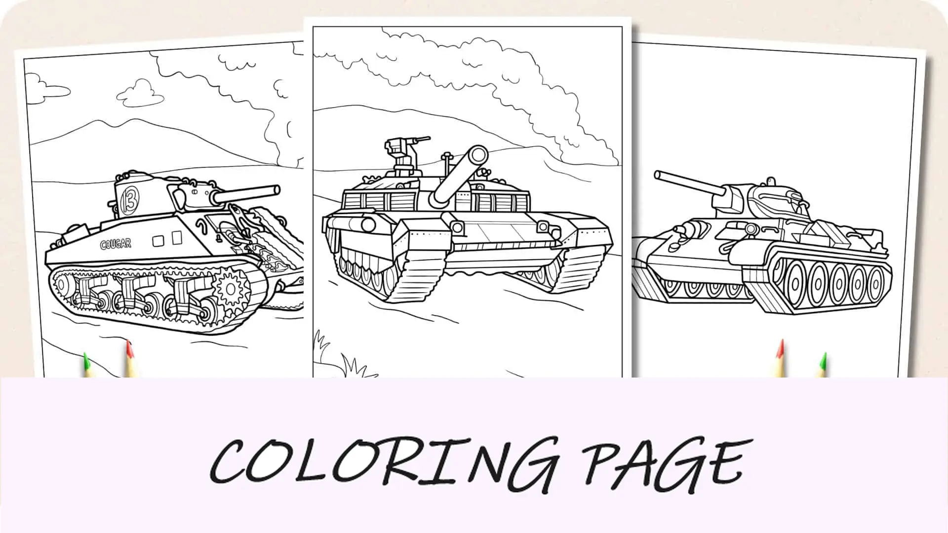 Imagem em destaque de páginas para colorir de tanques