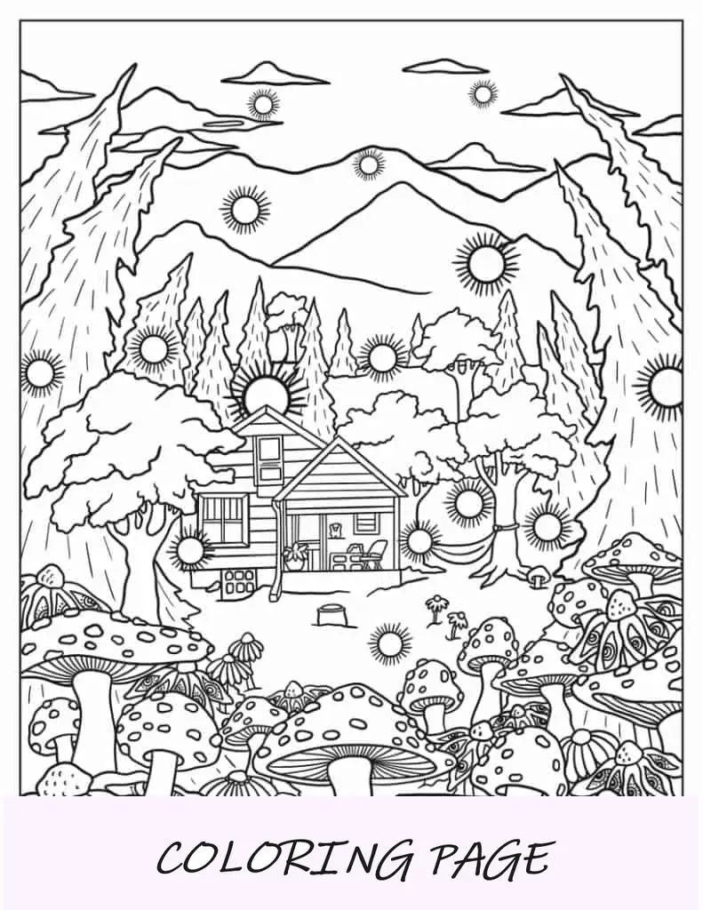 Página completa detallada para colorear de hongos Trippy