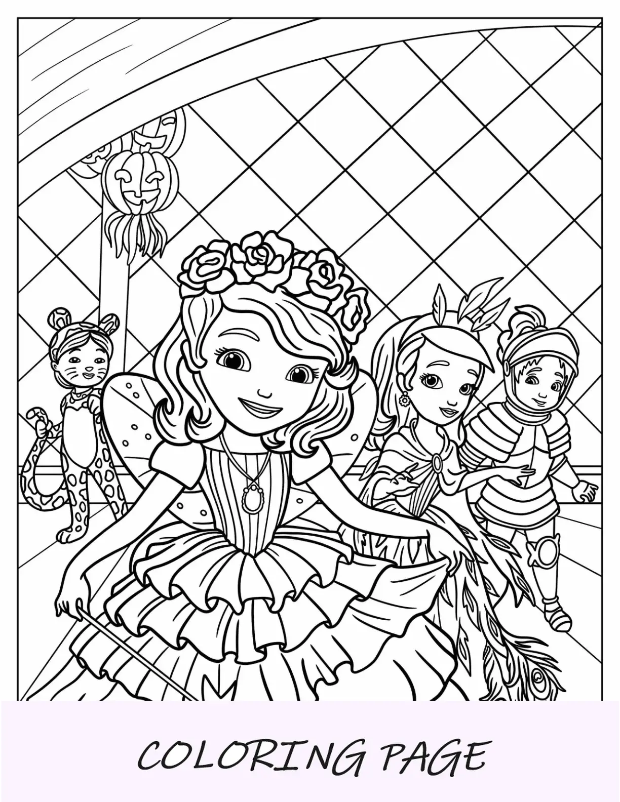 Sofia, a primeira página para colorir com a princesa Amber cavalgando Everburn