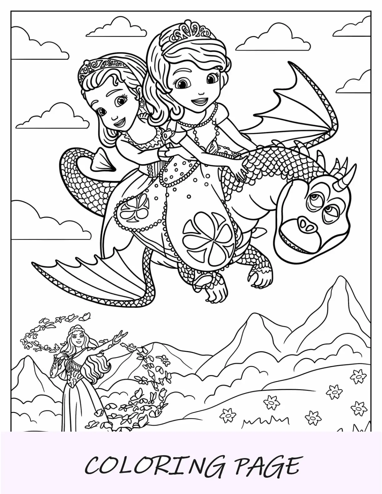 Desenho de Sofia para colorir no balanço com trevo