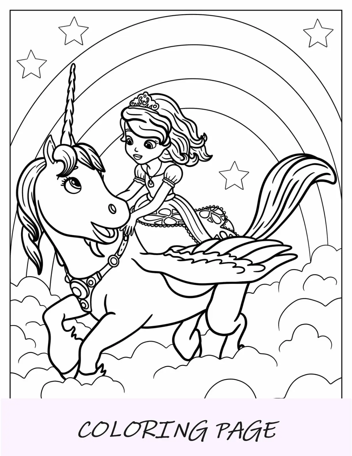 Sofia, a primeira página para colorir, cavalgando Minimus no céu