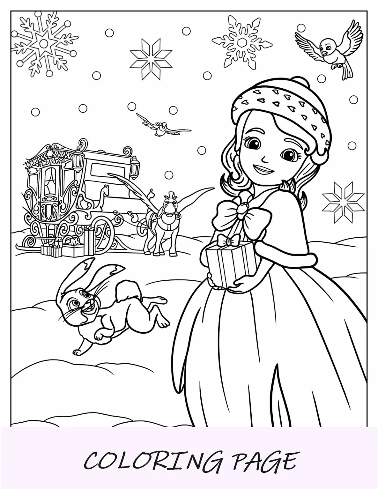 Sofia a primeira página para colorir com mala indo para o castelo