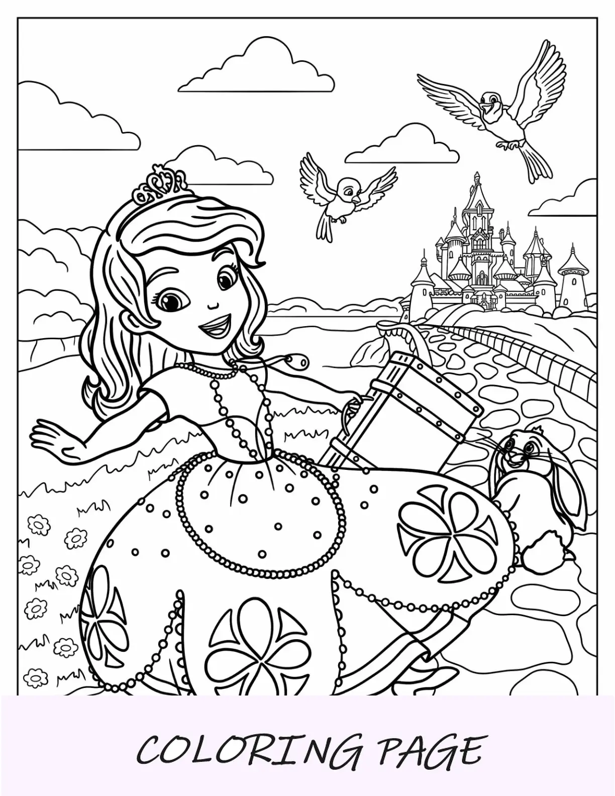 Sofia as primeiras páginas para colorir com o rei Roland, a rainha Miranda, a princesa Amber e o príncipe James