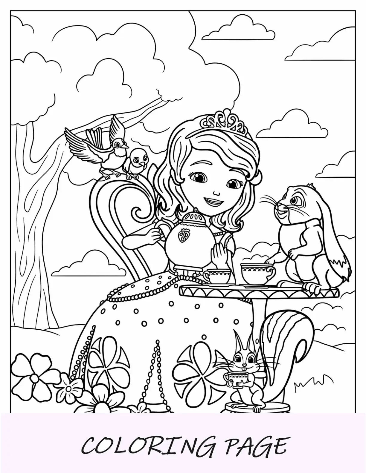 Sofia, a primeira página para colorir correndo na floresta