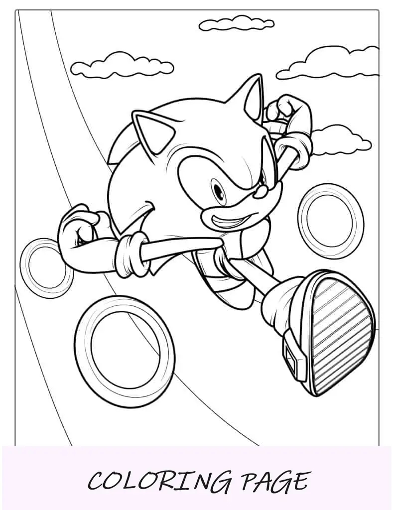 Folha para colorir do Sonic correndo pelos anéis