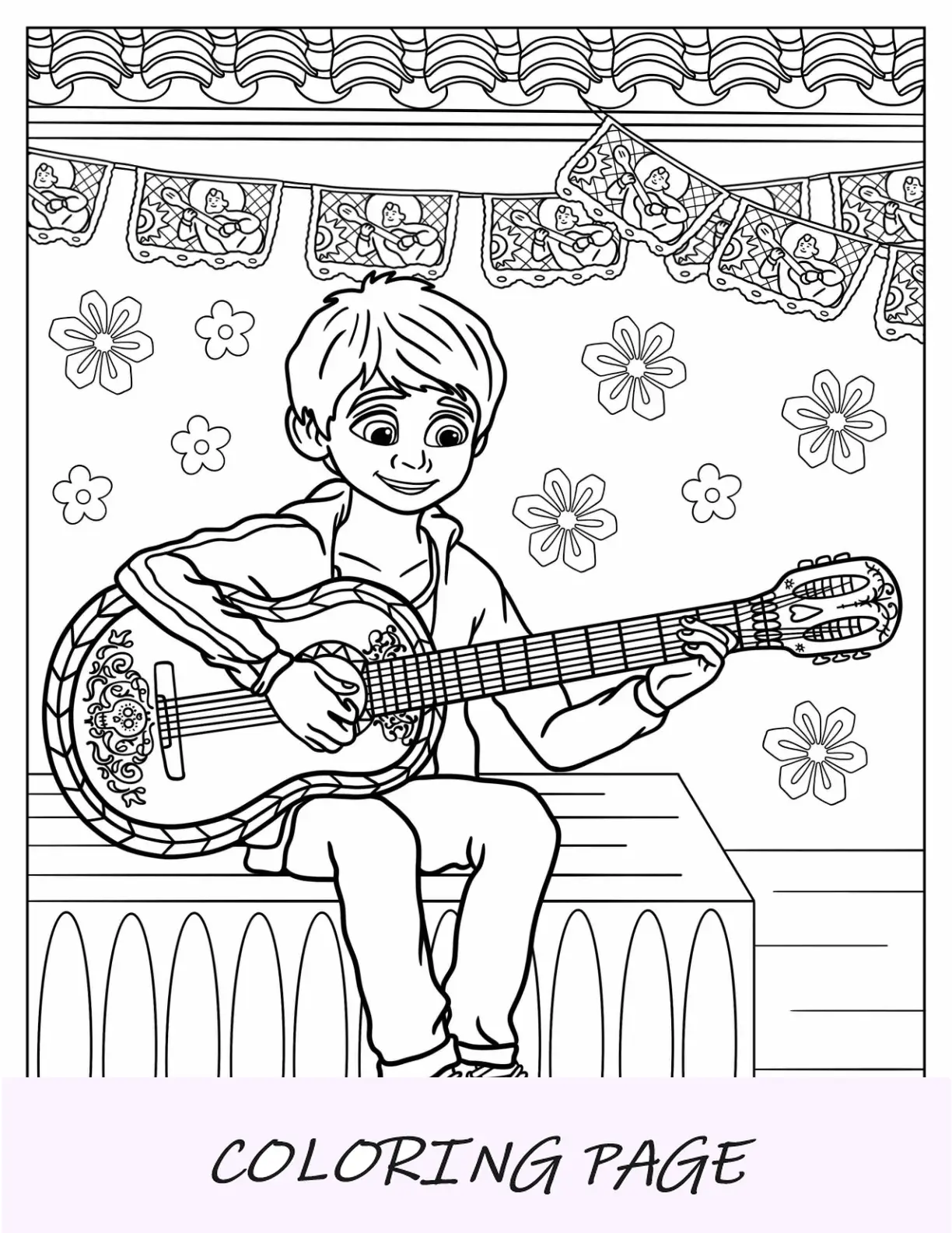Coco para colorir de Miguel tocando guitarra no palco