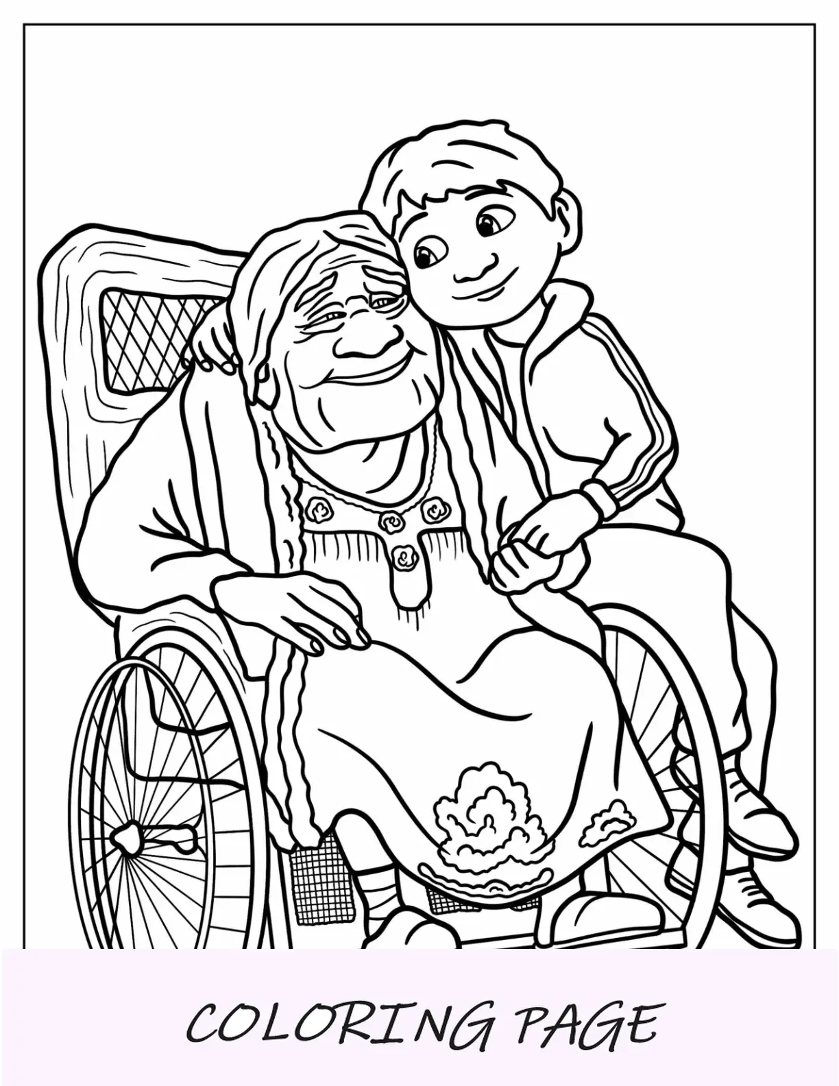 Desenho de Coco para colorir de Miguel abraçando mamãe Coco