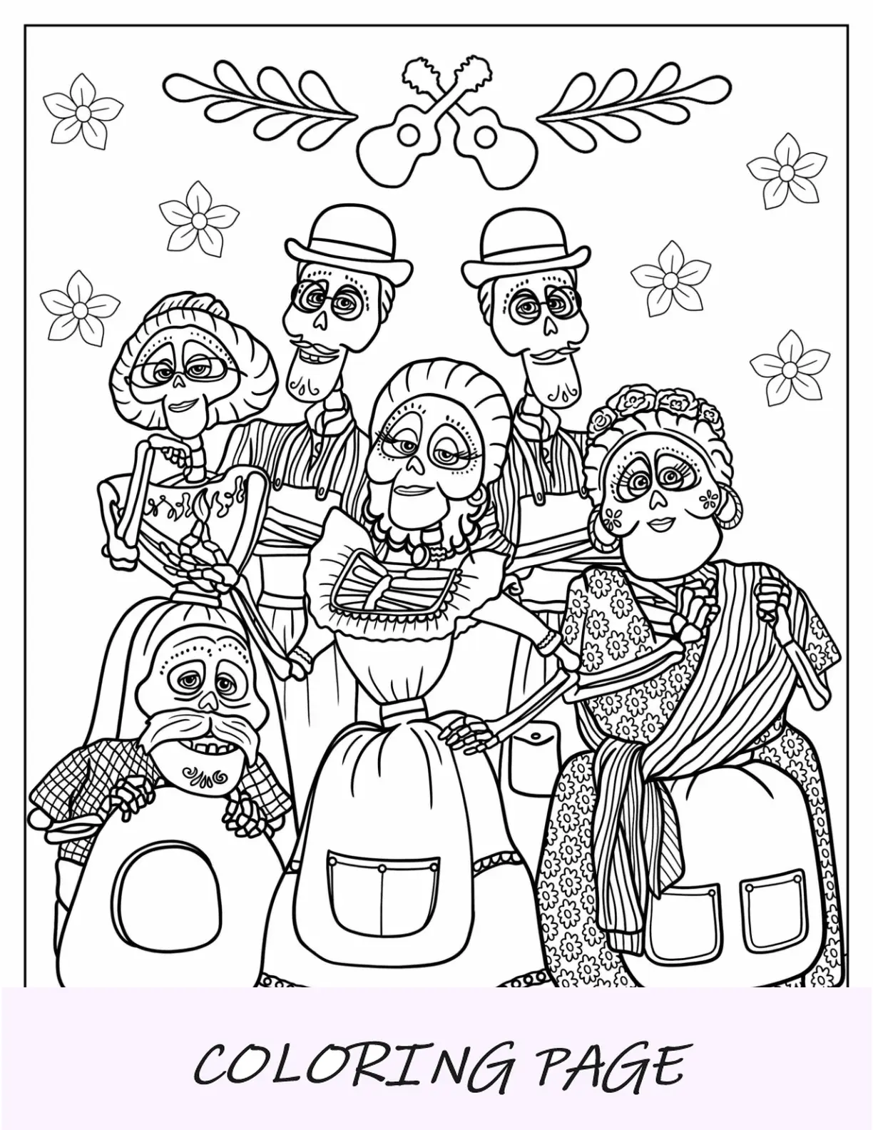 Página para colorir Coco da família detalhada de esqueletos