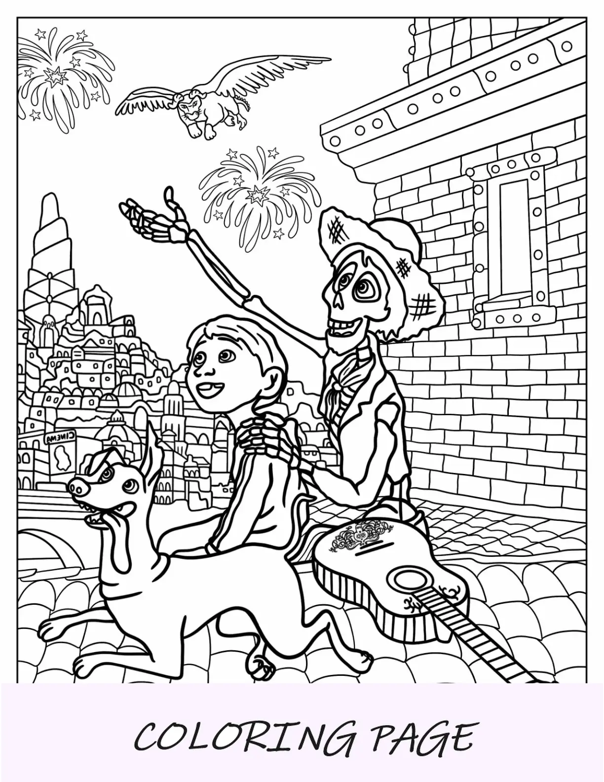 Coco para colorir com detalhado Miguel, Hector, Dante e Pepito