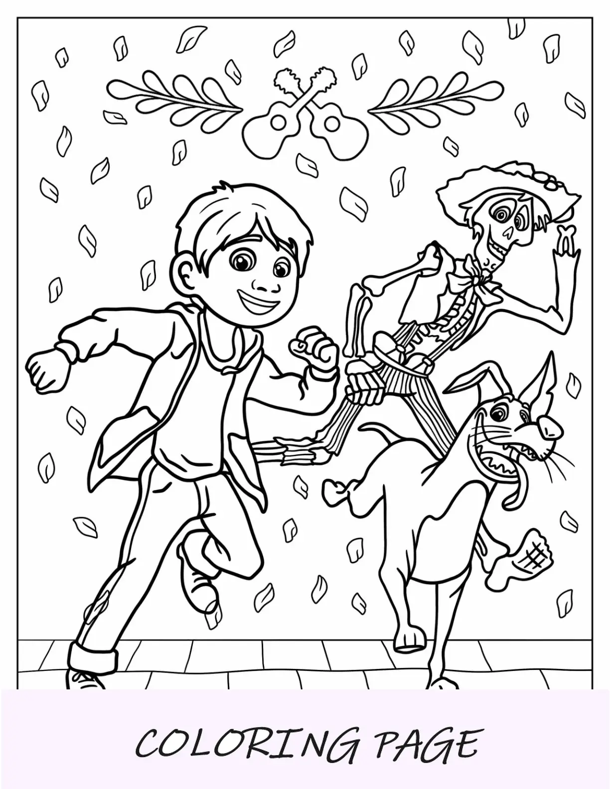 Coco para colorir de Miguel, Hector e Dante correndo