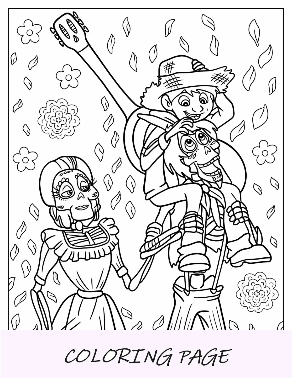Coco para colorir de Miguel sentado em Heitor