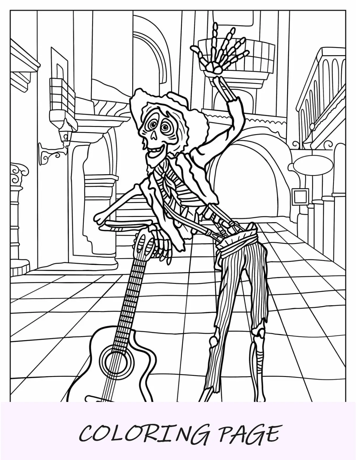 Coco para colorir de Hector apoiado no violão
