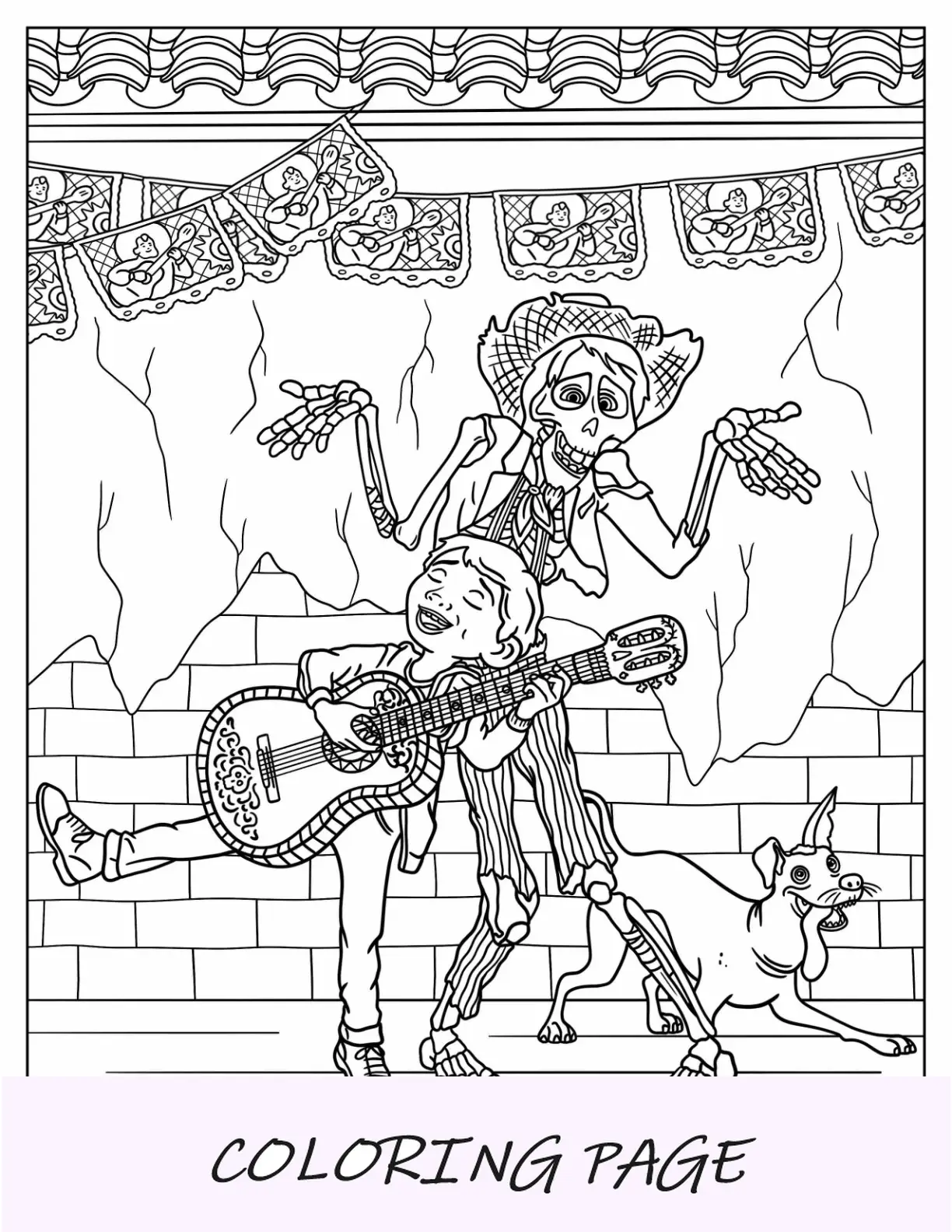 Desenho de Coco para colorir de Miguel e Hector fazendo música
