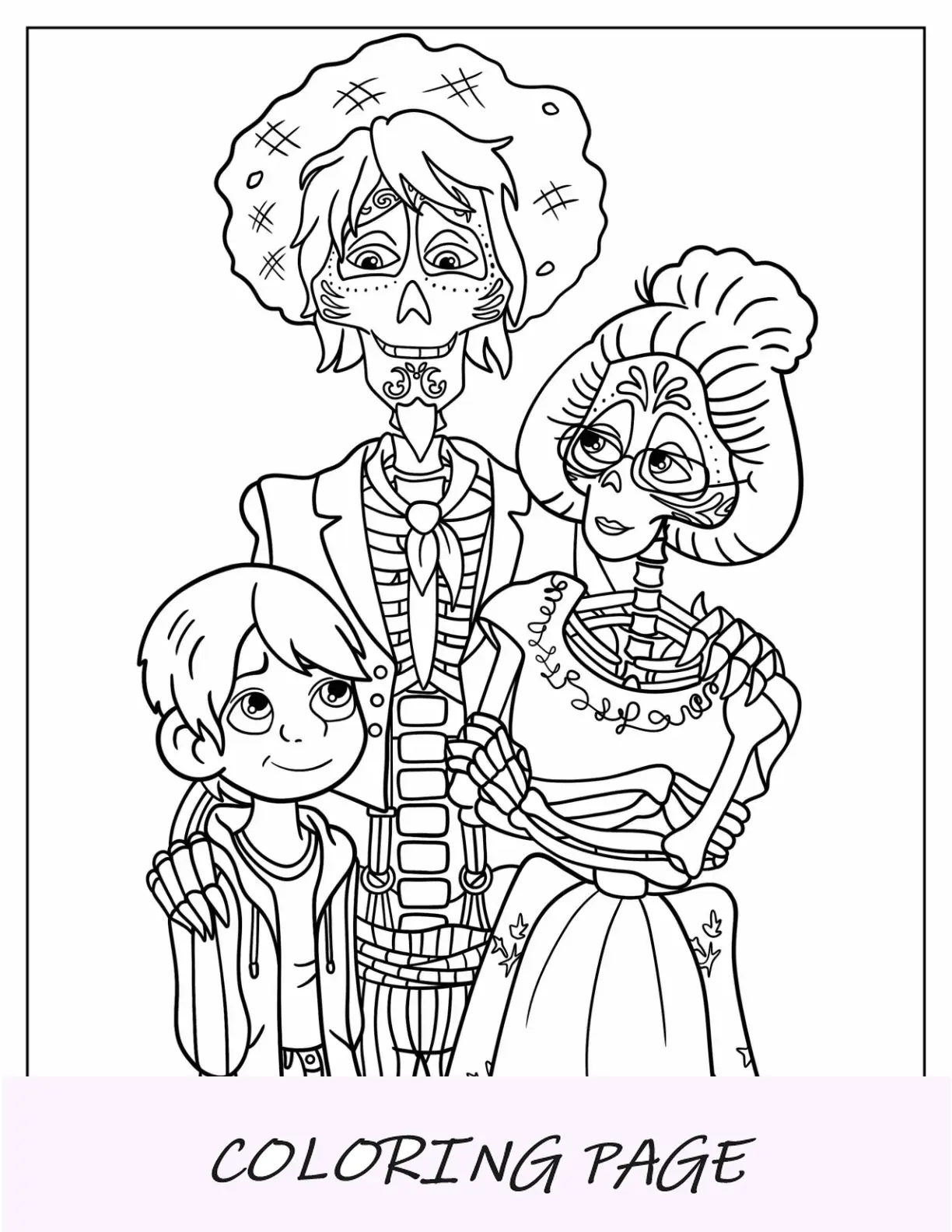 Coco para colorir de Miguel, Hector e Imelda
