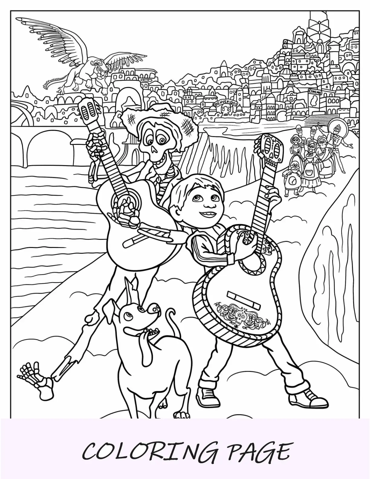 Coco para colorir de Heitor e Miguel tocando violão