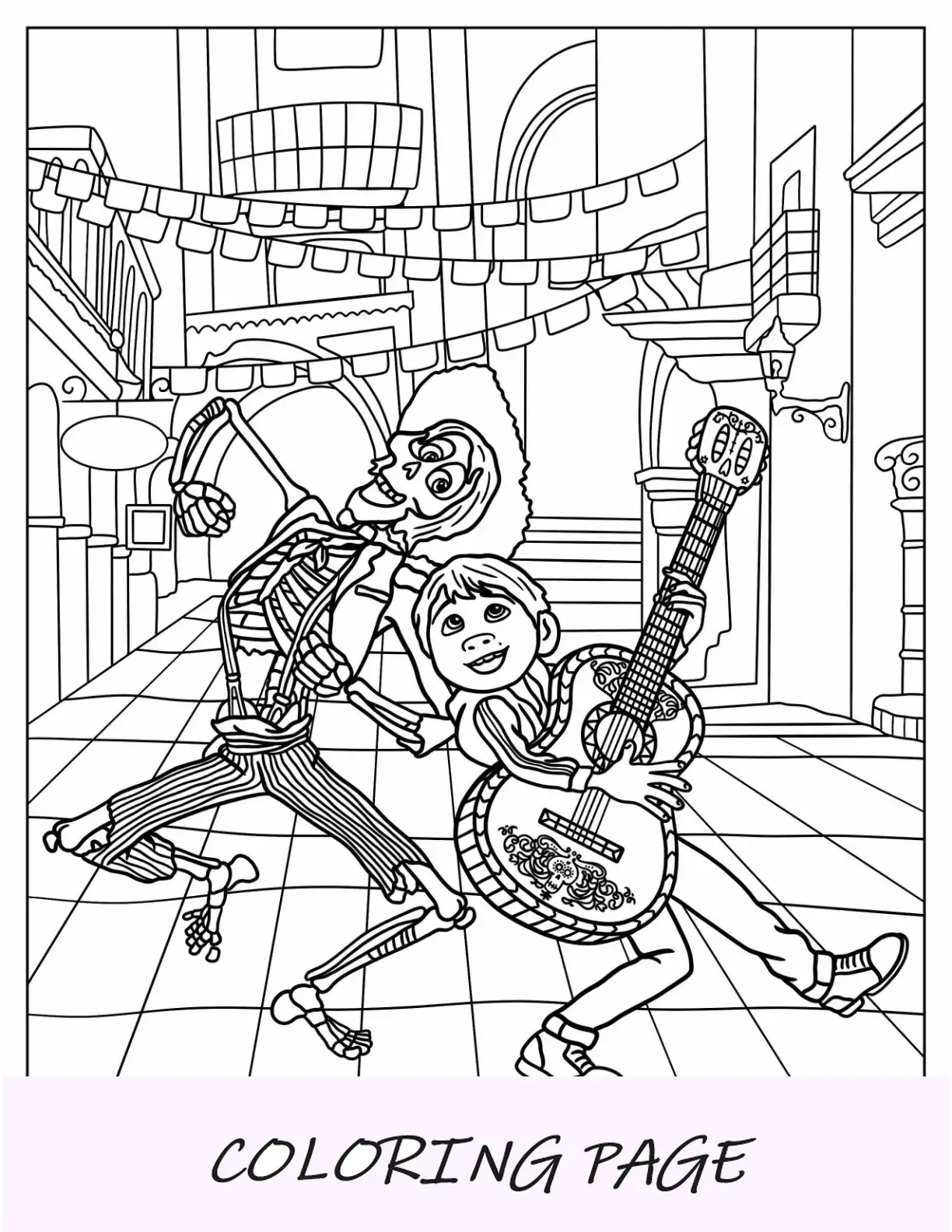 Desenho de Coco para colorir de Miguel e Heitor dançando e tocando violão