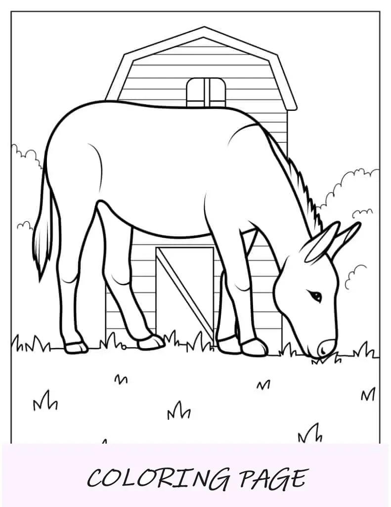 Burro fofo com celeiro de fazenda para colorir