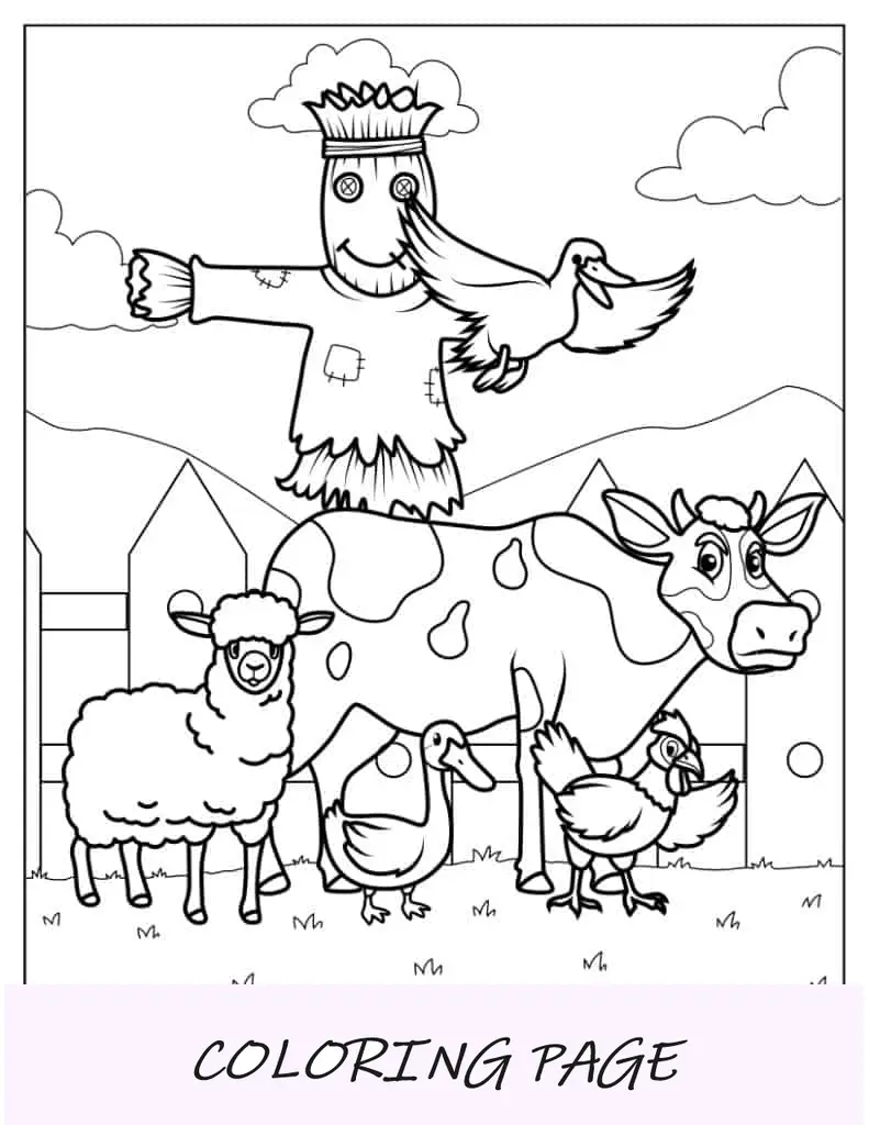 Animais de fazenda comuns com espantalho