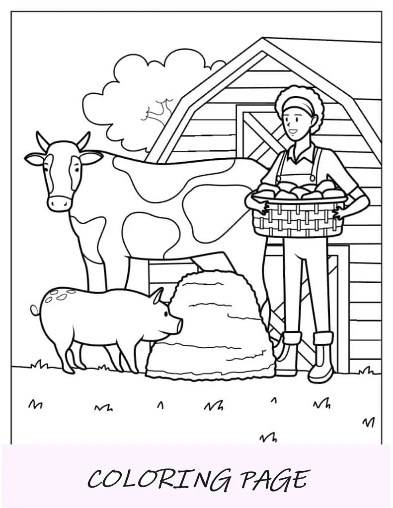 Página para colorir de fazendeiro com porco e vaca
